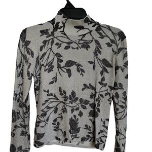 Pierre New York Black & Gray Floral Print With Silver Glitter Top Size Medium